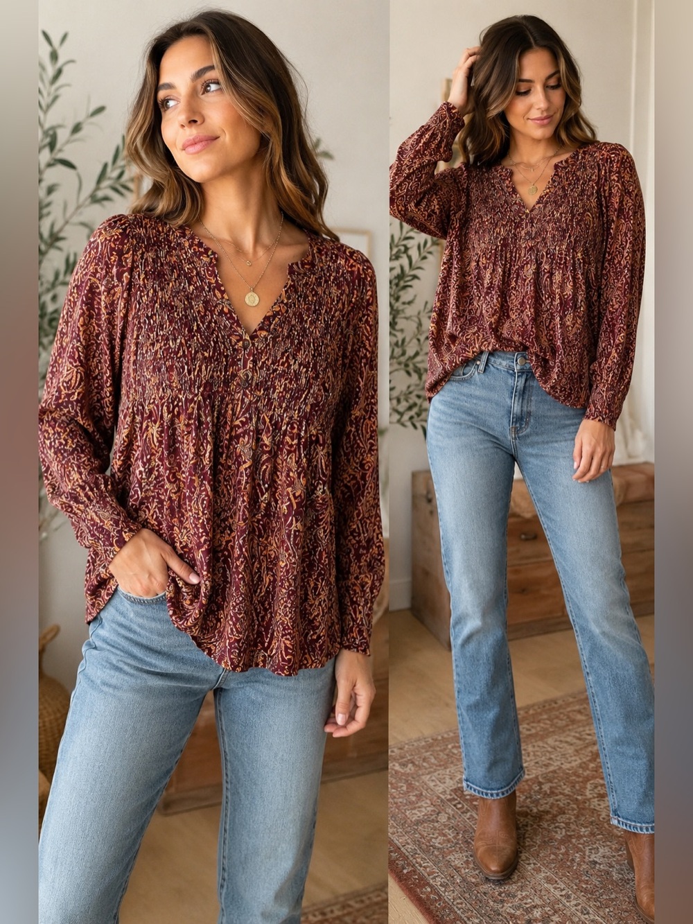Paisley Peasant Blouse Earthy Western Boho Cowgirl Festival Rodeo Top L